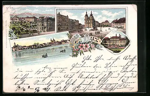 Lithographie Dux, Hauptplatz mit Kirche, Panorama vom Wasser aus