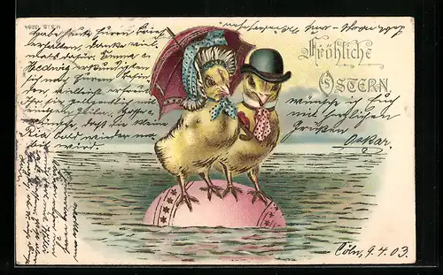 Lithographie Vermenschlichte Osterküken balancieren im Wasser auf einem Ei, Fröhliche Ostern