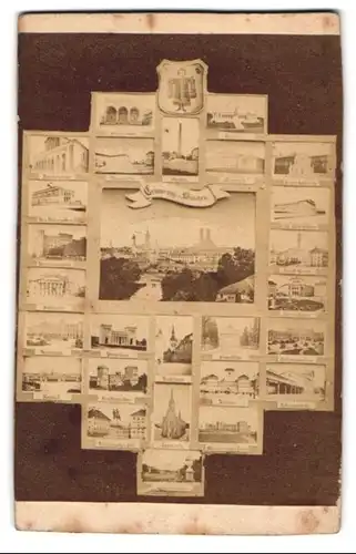 Fotografie Carl Molzer, München, Ansicht München, Fotomontage mit Hoftheater, Universität Bahnhof und weiteren, 1868