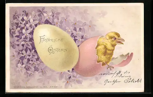 Lithographie Fröhliche Ostern!, Osterküken und Vergissmeinnicht