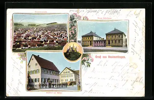 AK Onstmettingen, Gesamtansicht, Neues Schulhaus, Gasthof zur Krone