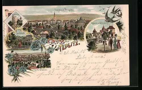 Lithographie Teplitz, Restaurant am Schlossberg, Seumerpark, Panorama