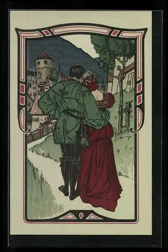 Lithographie Sich umarmendes Paar an der Burg, Jugendstil