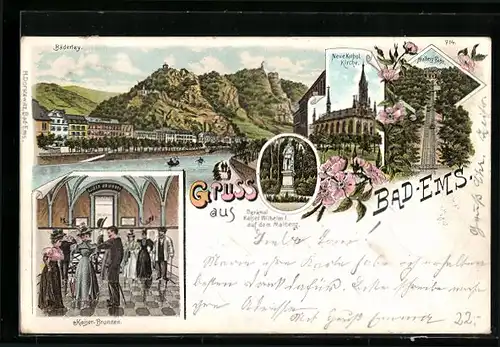 Lithographie Bad Ems, Malberg-Bahn, Bäderley, Kaiser-Brunnen