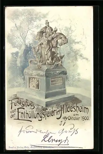 Lithographie Hildesheim, Enthüllungsfeier für das Kaiser Wilhelm I. Denkmal am 15.10.1900
