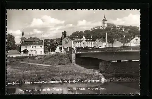 AK Siegburg, Partie an der Sieg mit Blick zur Abtei Michaelsberg