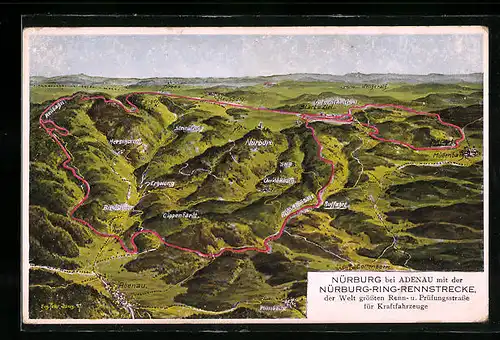 Künstler-AK Nürburg, Panorama mit der Nürburg-Ring-Rennstrecke über Steinbruch, Quiddelbach und Müllenbach