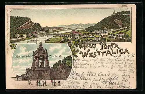 Lithographie Porta Westfalica, Kaiser Wilhelm Denkmal, Gesamtansicht