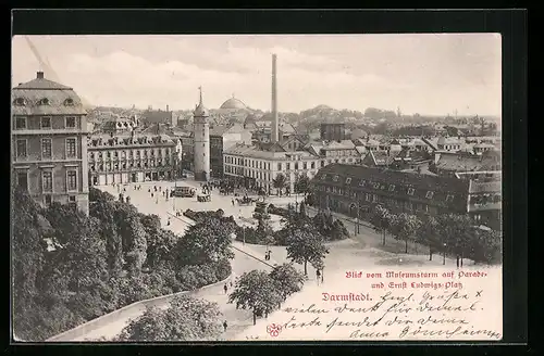 AK Darmstadt, Parade- und Ernst Ludwigs-Platz, vom Museumsturm aus