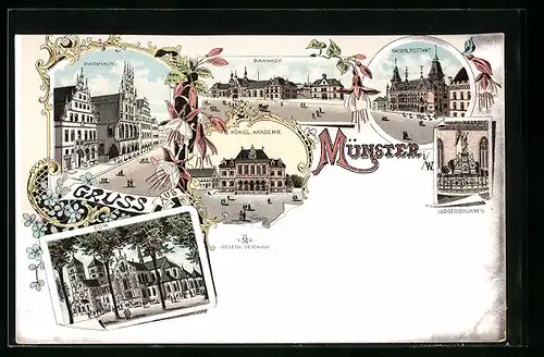 Lithographie Münster i. W., Königliche Akademie, Kaiserliches Postamt, Bahnhof