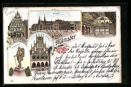 Lithographie Münster i. W., Bahnhof, Alte Wache, Kiepenkähl