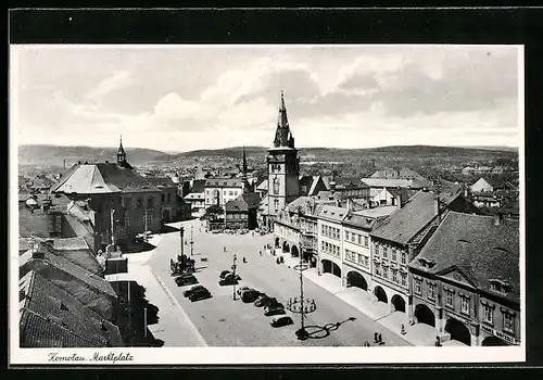 AK Komotau, Marktplatz mit Denkmal