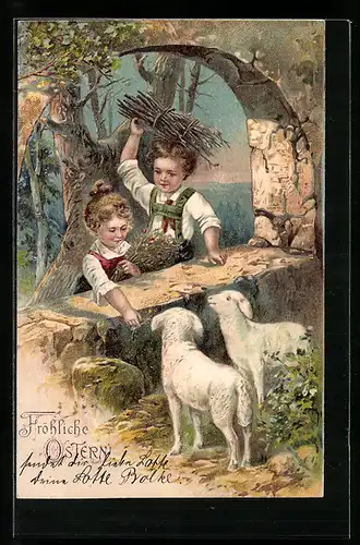 Lithographie Zwei Kinder und zwei Lämmchen zu Ostern