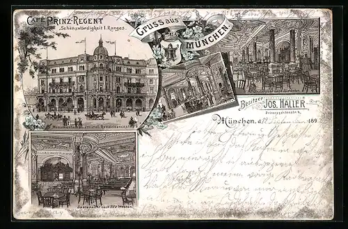 Lithographie München, Cafe Prinz-Regent, Prinzregentenstrasse 4, Saalansichten nach Süd-Osten und nach Süd-Westen