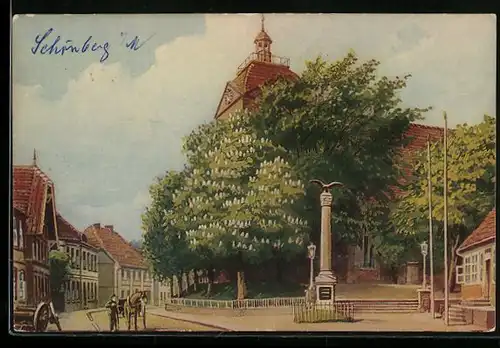 AK Schönberg i. M., Kirche mit Kriegerdenkmal