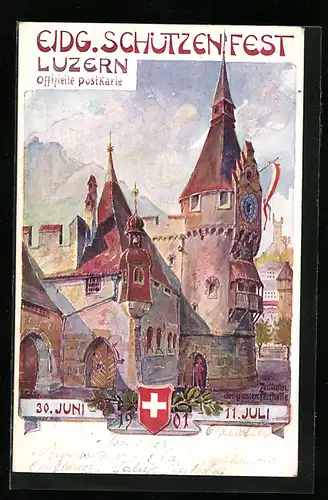 Künstler-AK Luzern, Schützenfest 1901, Bannerturm, Schweizer Wappen