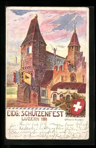 AK Luzern, Schützenfest 1901, Festgebäude mit Fahnen, Wappen