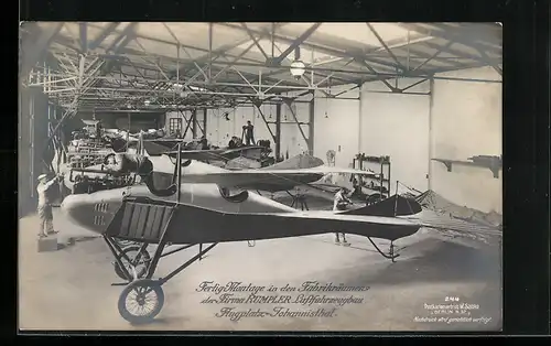 Foto-AK Sanke Nr. 244: Berlin, Flugplatz Johannisthal, Flugzeuge in den Fabrikräumen der Firma Rumpler