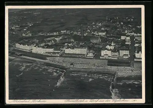 AK Borkum, Strandhotel und Dorf, Fliegeraufnahme