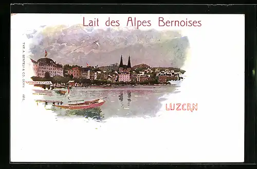 Lithographie Luzern, Stadtanblick im Licht des Abends