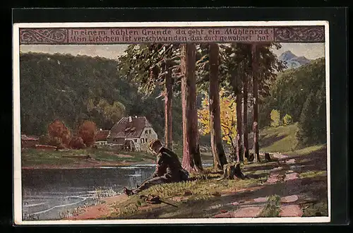 Künstler-AK Paul Hey: Mann sitzt traurig am Fluss gegenüber der Mühle