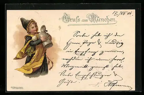 Lithographie München, Münchner Kindl mit Bierkrug