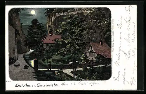 Lithographie Solothurn, Einsiedelei bei Mondschein