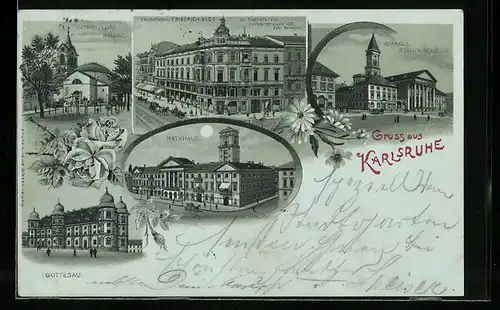 Lithographie Karlsruhe, Geschäftshaus Friedrich Blos, Kaiserstrasse 104, Rathaus, Gottesau