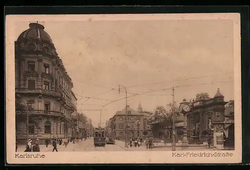 AK Karlsruhe, Karl-Friedrich-Strasse mit Strassenbahn