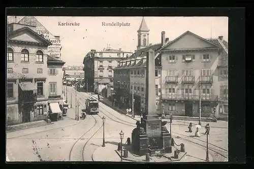 AK Karlsruhe i. B., Rundellplatz mit Strassenbahn von oben