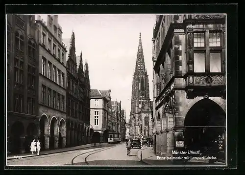 AK Münster i. W., Prinzipalmarkt mit Lampertikirche und Strassenbahn