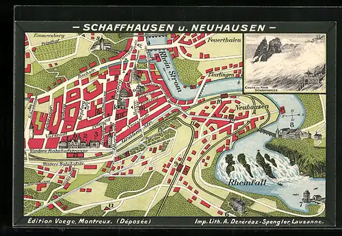 Künstler-AK Schaffhausen und Neuhausen, Chute du Rhin, Stadtplan mit Graben-Strasse, Vorstadt und Bachstrasse