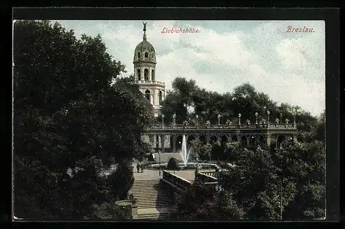 AK Breslau, Blick zur Liebichshöhe mit Springbrunnen