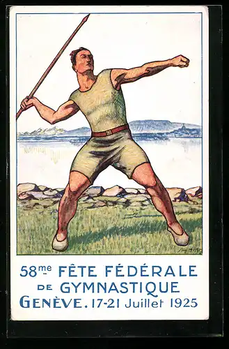 Künstler-AK Geneve, 58me. Fete Federale de Gymnastique 17.-21.07.1925, Speerwerfer