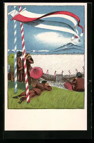 Künstler-AK Luzern, 59. Eidg. Turnfest 1928, Blick von einer Anhöhe auf die Eröffnungsfeierlichkeiten