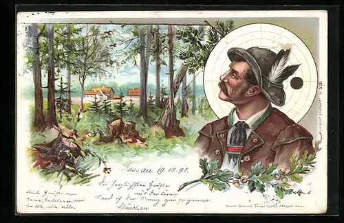 Lithographie Schütze vor einer Zielscheibe in Tracht, Blick aus dem Wald auf Häuser