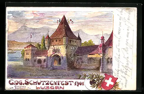 Künstler-AK Luzern, Eidg. Schützenfest 1901, Empfangs-Pavillon und Gabenhallen