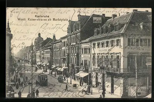 AK Karlsruhe, westl. Kaiserstrasse mit Strassenbahn