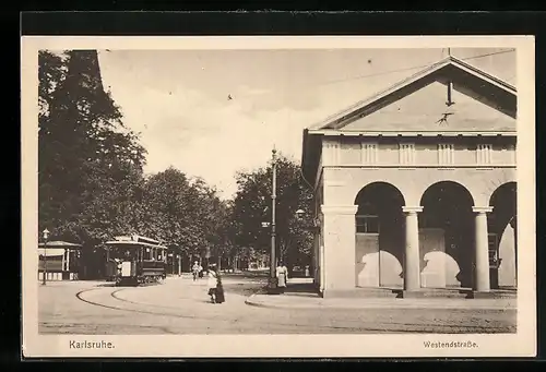 AK Karlsruhe, Westendstrasse mit Strassenbahn