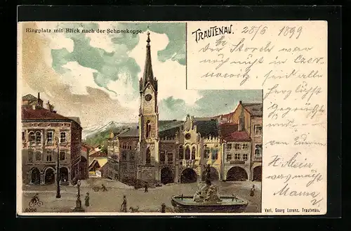 Künstler-AK Trautenau / Trutnov, Ringplatz mit Blick zur Schneekoppe