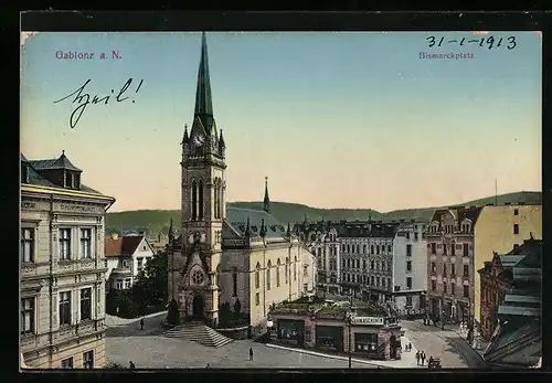 AK Gablonz a. N., Bismarckplatz mit Kirche