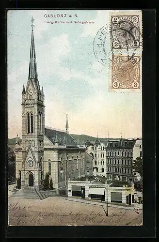 AK Gablonz / Jablonec Nad Nisou, Ev. Kirche und Gebirgsstrasse