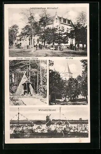 AK Wünsdorf, Schützenhaus, Onkel Toms Hütte, Kirche, Wünsdorfersee