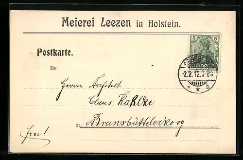 AK Leezen i. Holst., Mitteilungskarte der Meierei Leezen