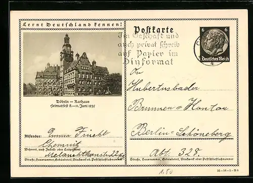 AK Döbeln, Heimatfest 1935, Rathaus, Ganzsache Lernt Deutschland kennen