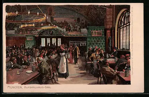 Künstler-Lithographie Paul Hey: München, Saal im Hofbräuhaus