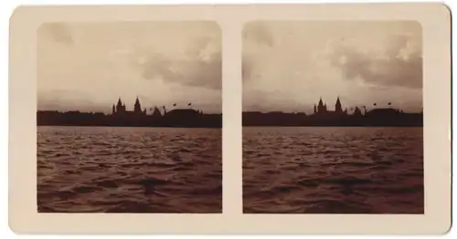 Stereo-Fotografie unbekannter Fotograf, Ansicht Mainz, Blick vom Rhein nach der Stadt, Skyline