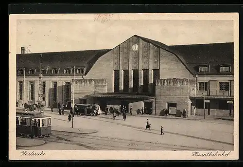 AK Karlsruhe, Hauptbahnhof und Strassenbahn