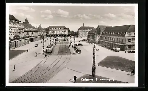 AK Karlsruhe, Bahnhofplatz aus der Vogelschau