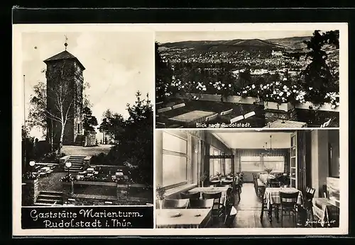 AK Rudolstadt i. Thür., Gasthaus Marienturm, Innenansicht, Blick nach dem Ort